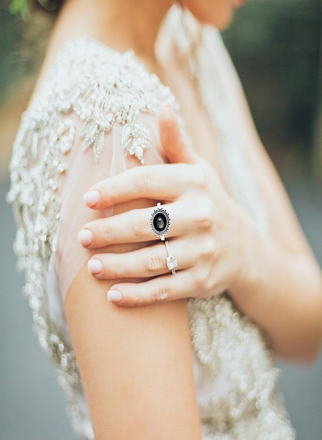 HAIXIAN Round Natural Black Obsidian Stone Ring for Women,Retro Antique Vintage S925 Sterling Silver Real Genuine Crystal Quartz Gemstone Boho Bohemian Ring Jewelr (A_Obsidian, 9) - Image 4